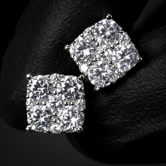 White Gold Plated Sterling Silver Square Flower Cluster Stud Screw Back Earrings - Picture 1 of 6